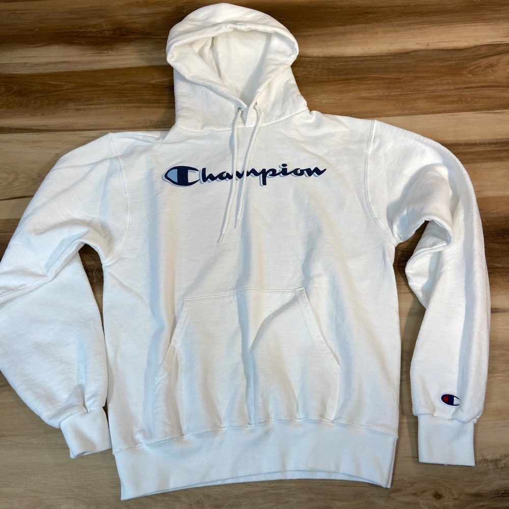 Champion Pullover Hoodie Size S Logo Script Sweatshirt Cotton Blend White S700